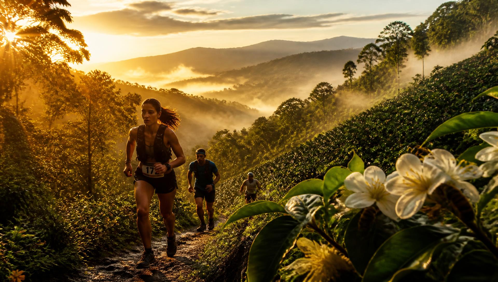 Corredores en un sendero de montaña al amanecer en el bosque nuboso de Costa Rica